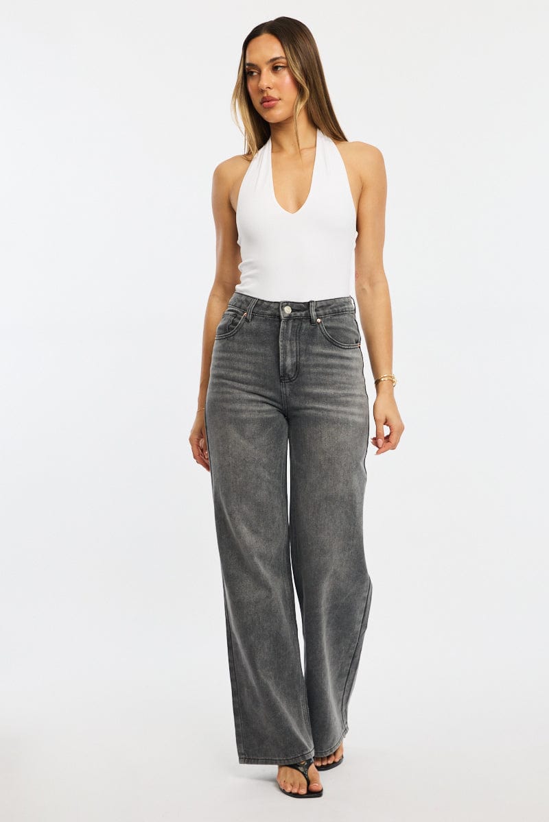 Grey Wide Leg Jeans High Rise