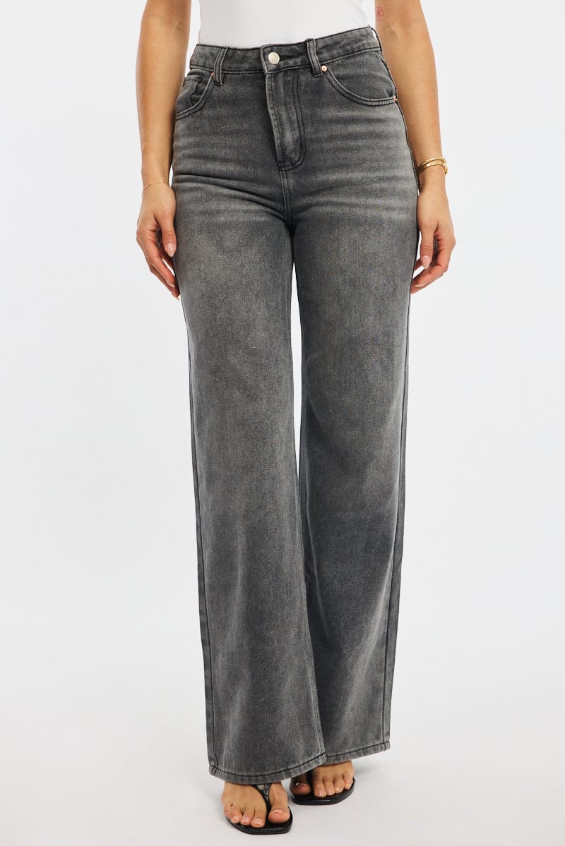 Grey Wide Leg Jeans High Rise
