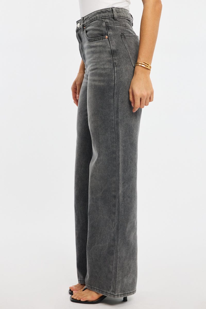 Grey Wide Leg Jeans High Rise